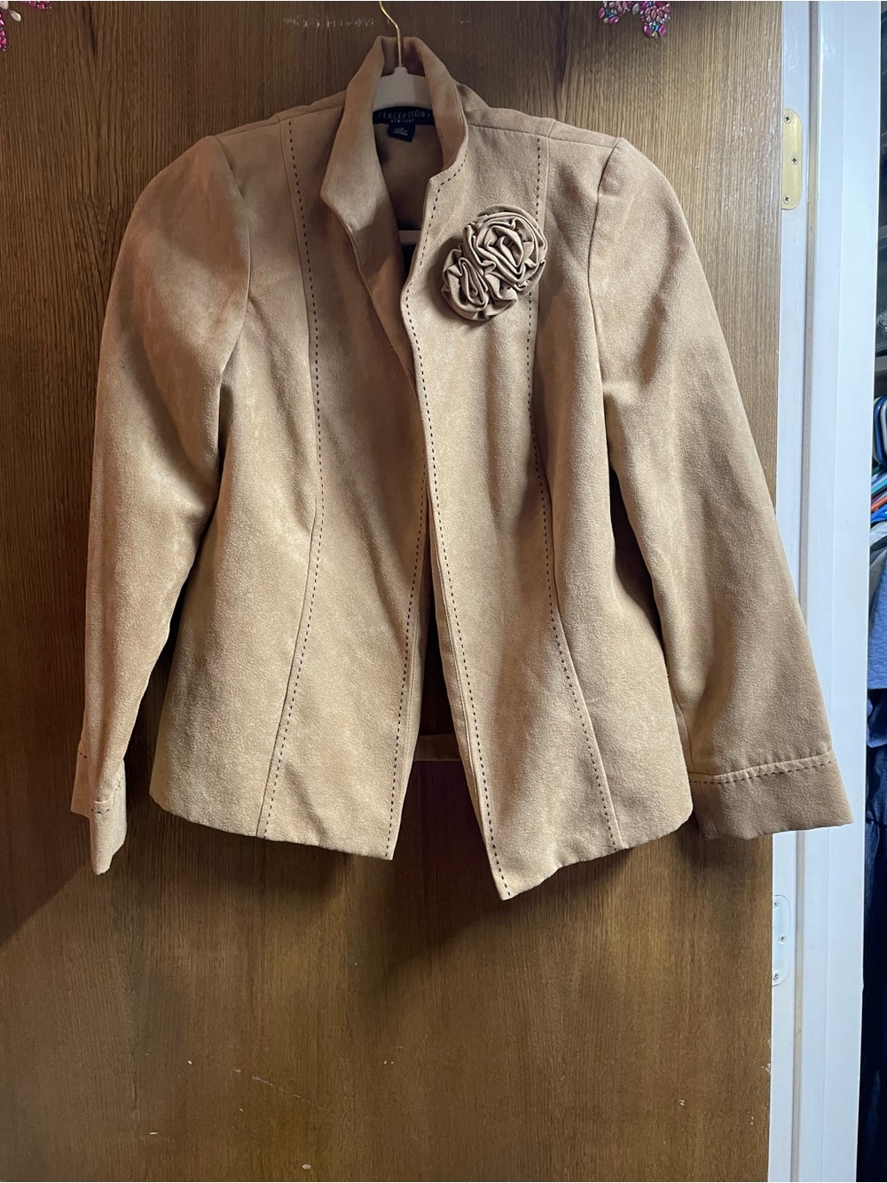 Perceptions Tan Suede-Look Blazer with Rosette Accent